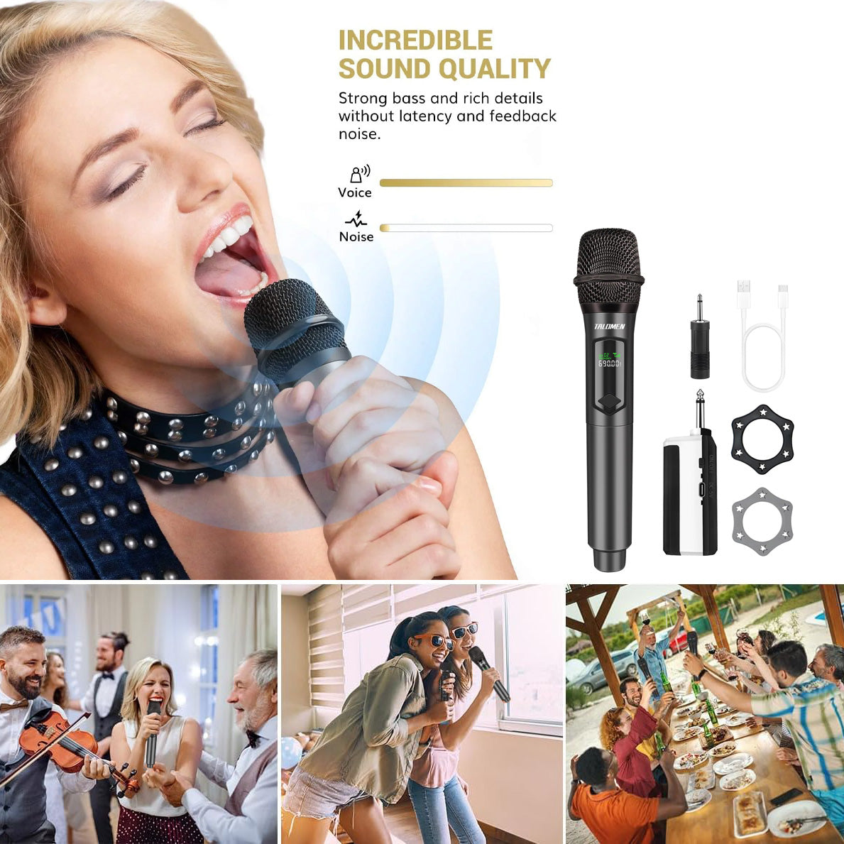 Ensemble de microphone dynamique sans fil professionnel double avec récepteur rechargeable (160 pieds), utilisation professionnelle multi-sites !